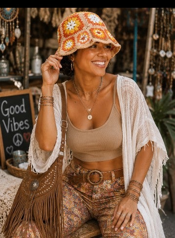 Boho Hippie Crochet Granny Square Bucket Hat