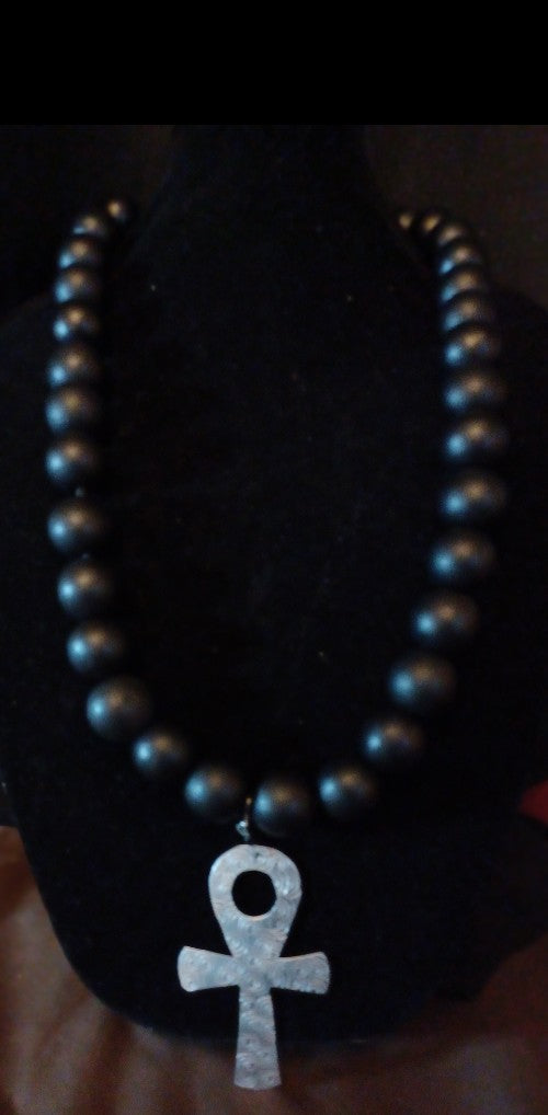 Large Black Wooden Beaded Necklace Ankh Pendant