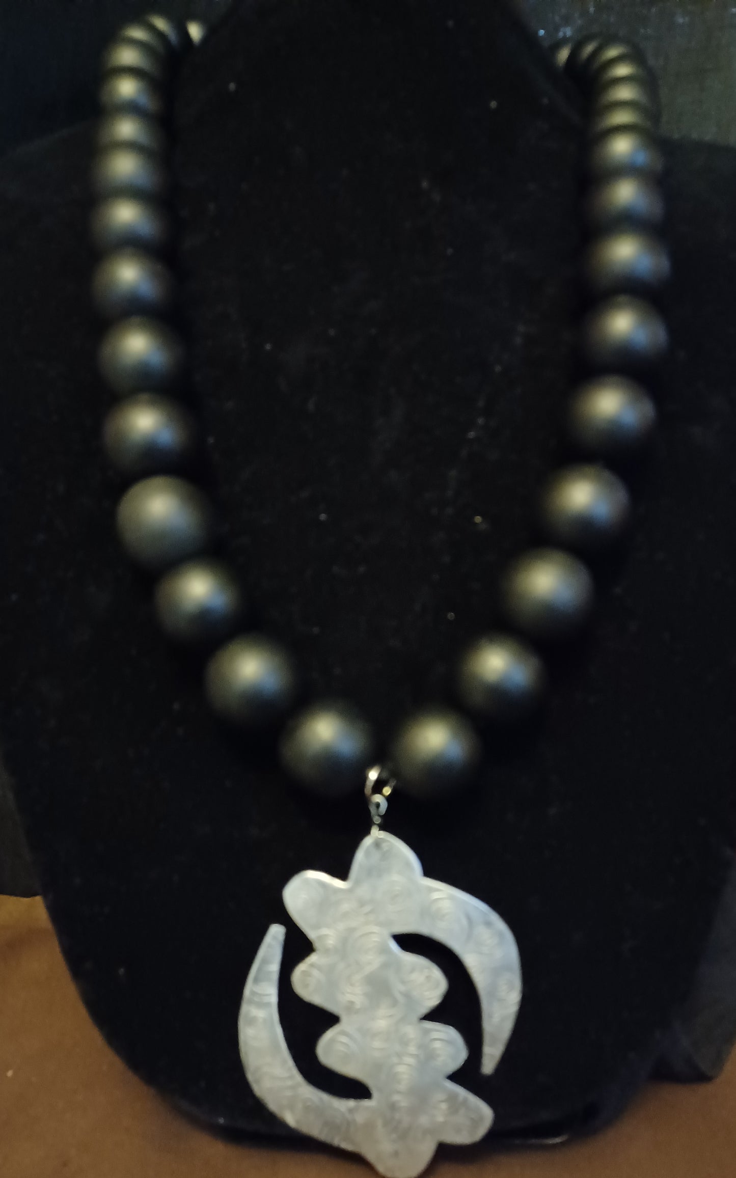 Large Black Wooden Beaded Necklace with a Ghana Pendent