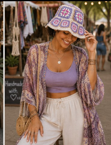 Boho Hippie Crochet Granny Square Bucket Hat